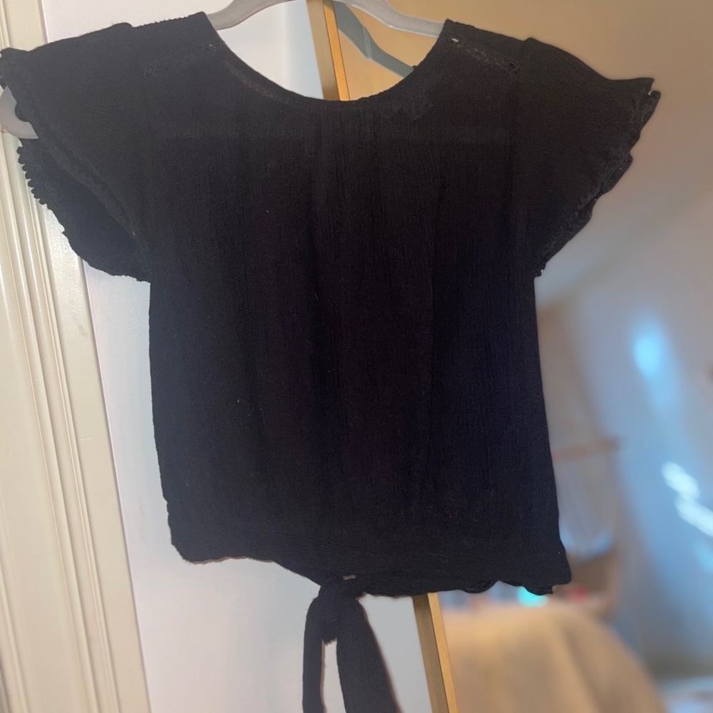 Black Top with Ruffle Sleeves & Bow Detail